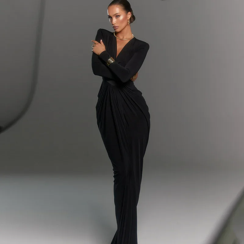 TWOTWINSTYLE Sexy Black Shoulder Pad Dresses for Women Deep V Neck Long  Sleeve High Waist Split Bodycon Evening Dress Female New - AliExpress  200000345