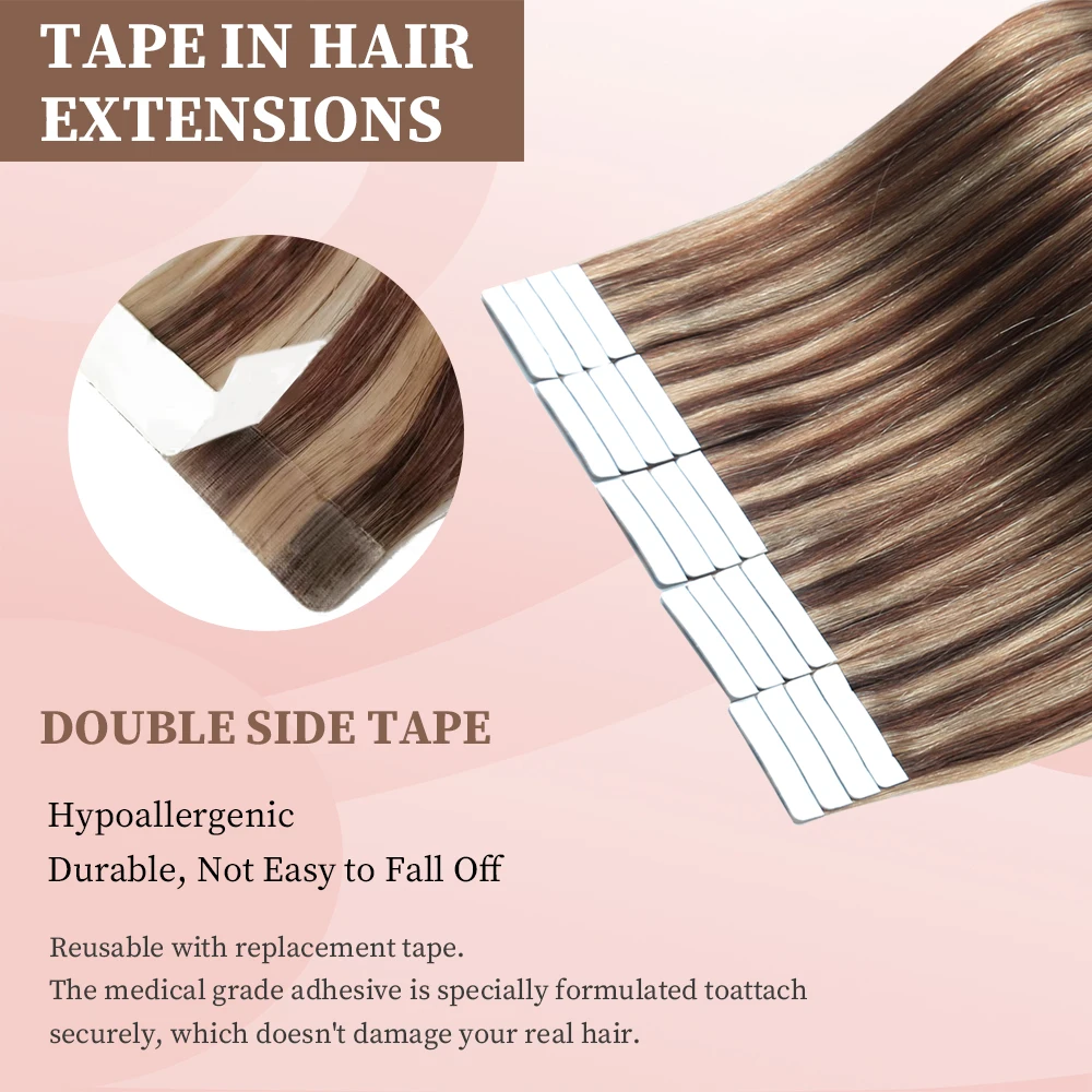 YGP 20pcs Tape In Hair Extensions Human Hair P4/27 Silky Seamless Invisible Remy Extensions for Women/Girls