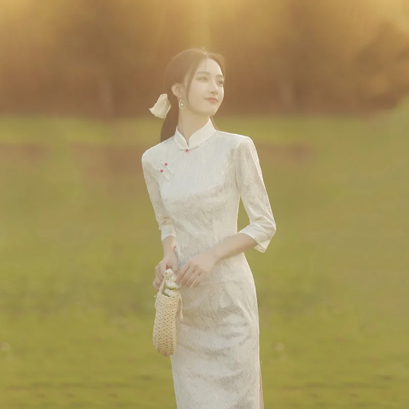 

Spring Chinese Style White Button Cheongsam Dress Women Fashion Modern Slim Long Qipao Robe Orientale Vestido