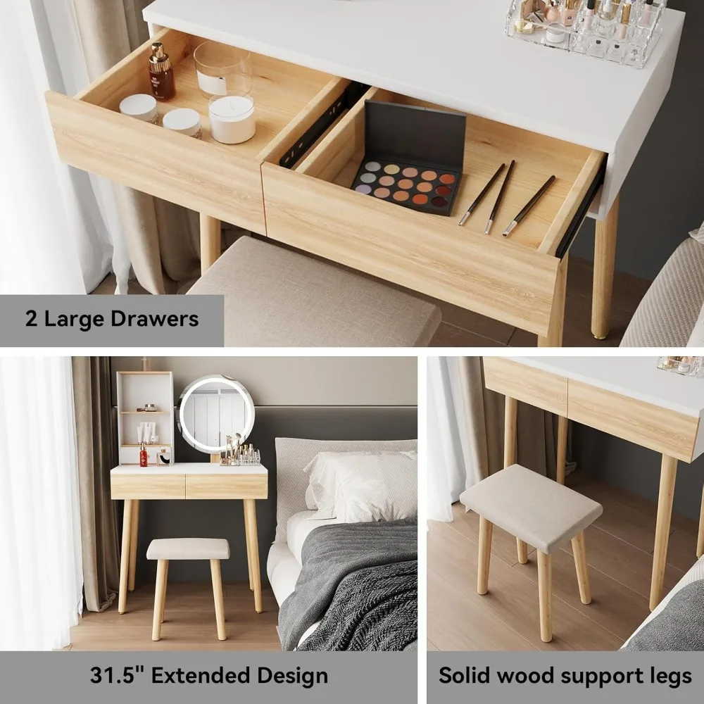 Makeup Vanity Desk with Lights, Small Vanity with Adjustable Brightness Mirror, Desk Drawers and Storage Shelves