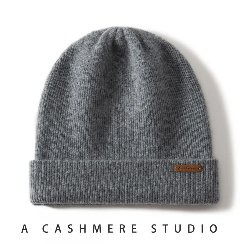 Unisex 100% Pure Cashmere Ribbed Cuffed Beanie Hat for Men Women Winter Thick Soft Warm Knitted Cold Hats Outdoor Ski Caps 2
