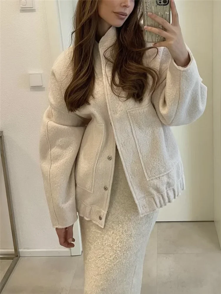 Woman Fashion Loose Gray Warm Baseball Jacket 2024 Autumn Casual Oversized Bomber Jacket Girls Vintage Thick Warm Outwear 6