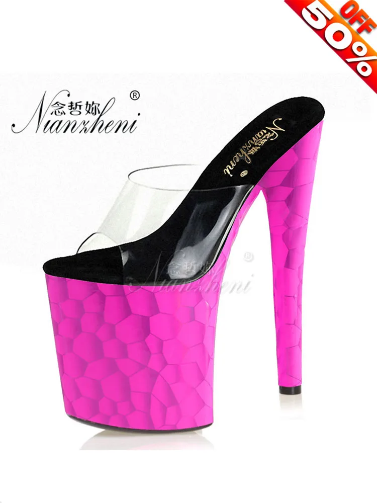 

Style Patent Leather Women's Slippers 20CM Super High Stripper Heeled Shoes Platform 8 Inches Fashion Cross Sexy Fetish Mature