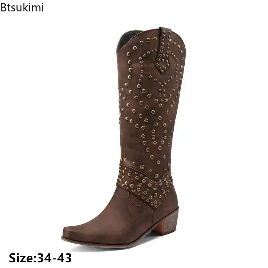 

New 2024 Women's Fashion Knee High Boots Rivets Design Low Heel Western Cowboy Boots Female Slip on Retro Ladies Shoes Plus Size