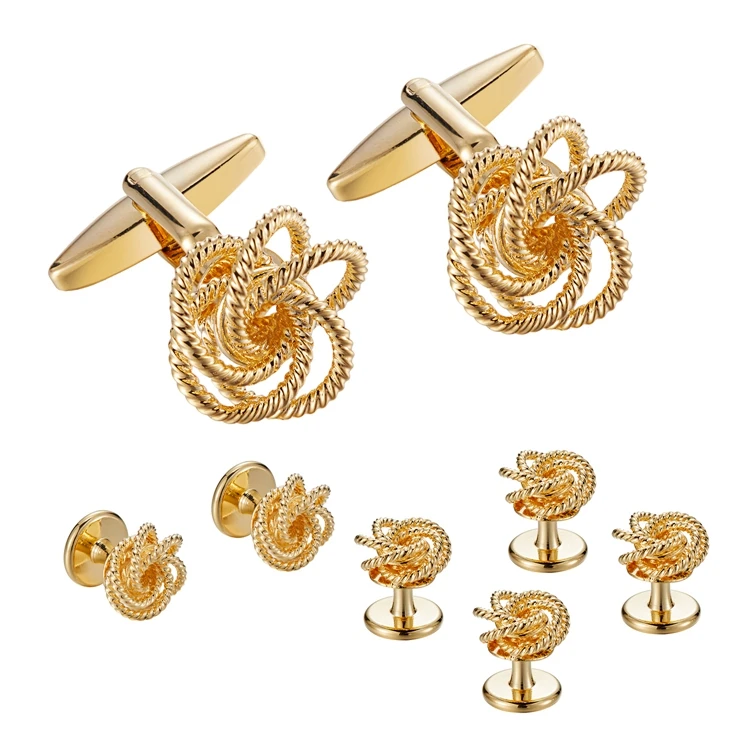 2026 Lepton Herren 14K vergoldete Smoking-Manschettenknöpfe und Kragenstecker-Set – Dezenter Luxus, Metallknoten, formelles Accessoire – Detail 6