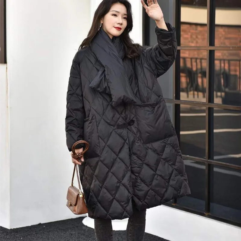 2023 New Women Down Jacket Winter Coat Female Mid-length Scarf Stand Collar Parkas Loose Outwear Fashion Large Size Overcoat changpleat women s polka dot printed cardigan miyake pleated fashion loose large size windbreaker stand collar mid length coat