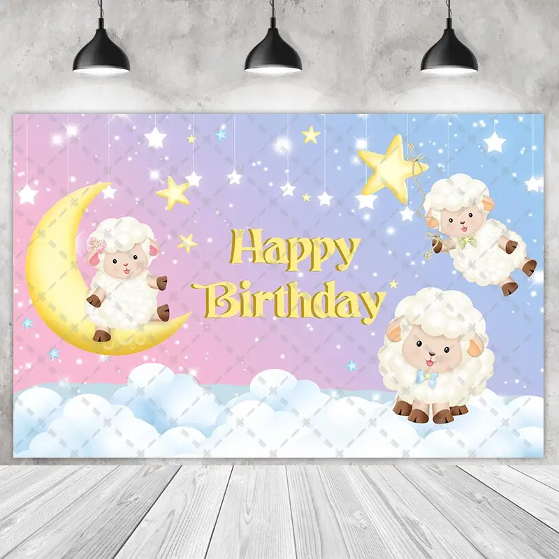 

Cute Baby Sheep Party Backdrops Children Kids Photography Cake Smash Stars Moon Pink Blue Background Shoot Customize Name Photo