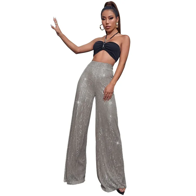 

Fashion Sequins Women Pants Capris Joggers Ladies Bottom Loose Wide Leg Pants Woman Clothes Pantalones Mujer High Waist Trousers
