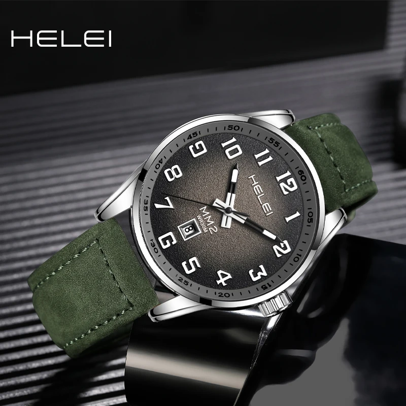 HELEI 2024 Top Brand Men's Military Sport Watch Men Leather Vintage Classic Dial Quartz Wristwatch Calendar Male Clock Relogio