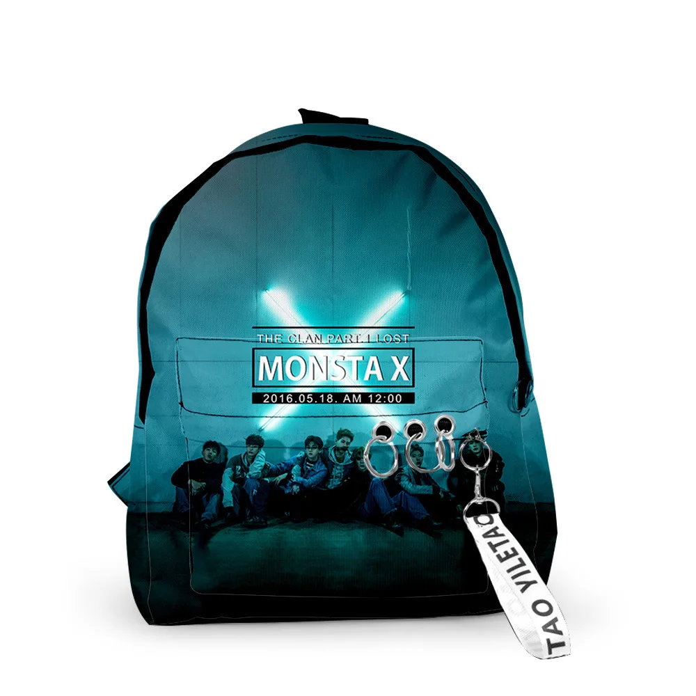 

Модные Молодежные школьные ранцы MONSTA X в стиле Харадзюку, рюкзаки из ткани Оксфорд с 3D-принтом, водонепроницаемые маленькие дорожные сумки с цепочкой для ключей