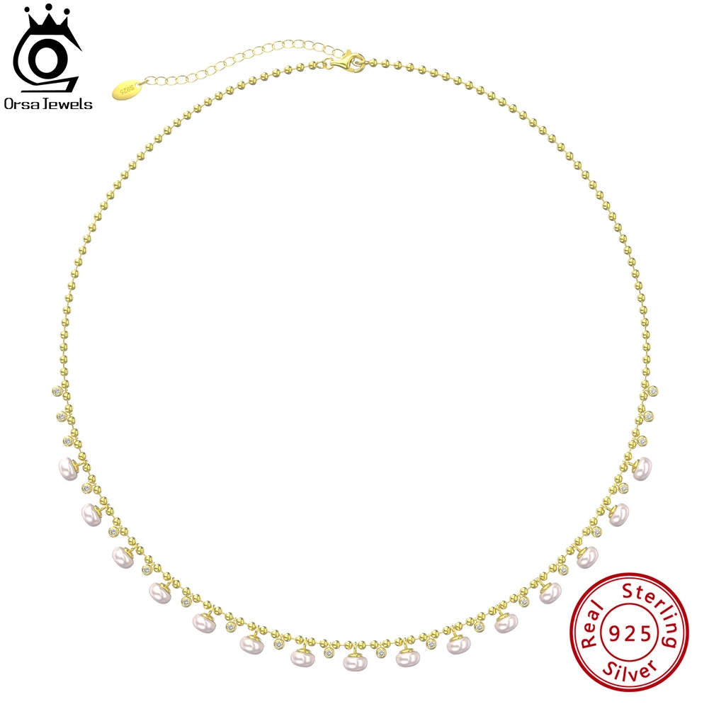 

ORSA JEWELS Unique 925 Sterling Silver Ball Bead Necklace with Natural Pearls Vintage Choker Neck Chain for Women Jewelry GPN37