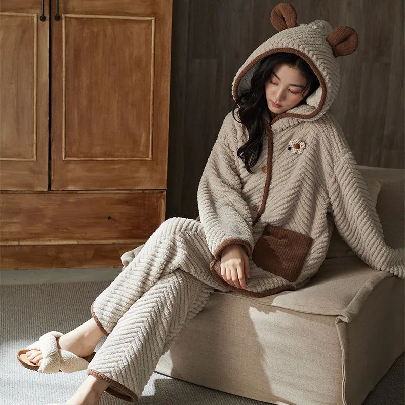 Winter New Women Coral Velvet Pajamas Fleece-lined Thickened Hooded Flower Female Homewear Suit Simple Soft Warm Nightclothes