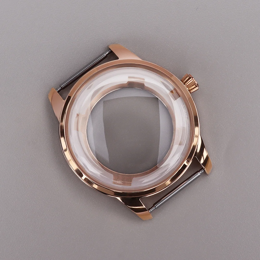 Elegant Stainless Steel Watch Case with Arched Glass and Transparent Back - Available in Silver, Gold, and Rose Gold Finishes