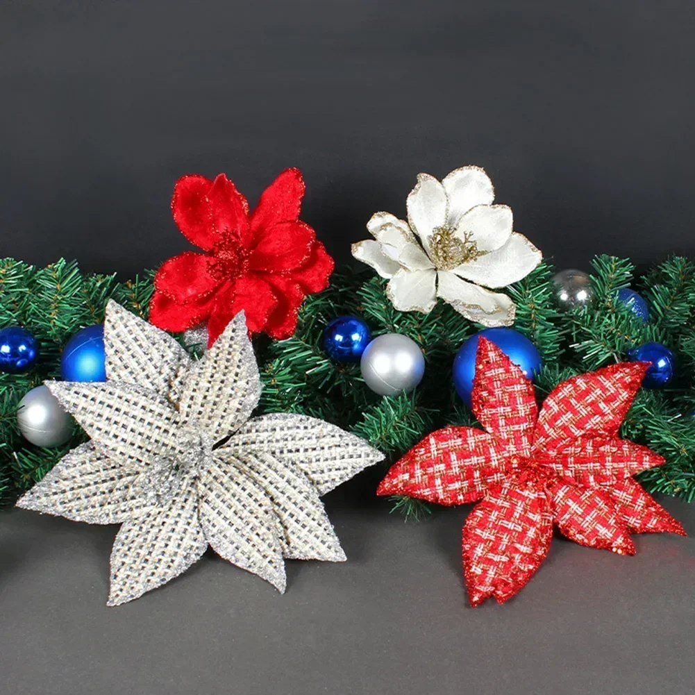 Artificial Flower Christmas Flowers Cloth Three-layer Wire Beautiful Bling Flowers For Decoration Christmas Trees