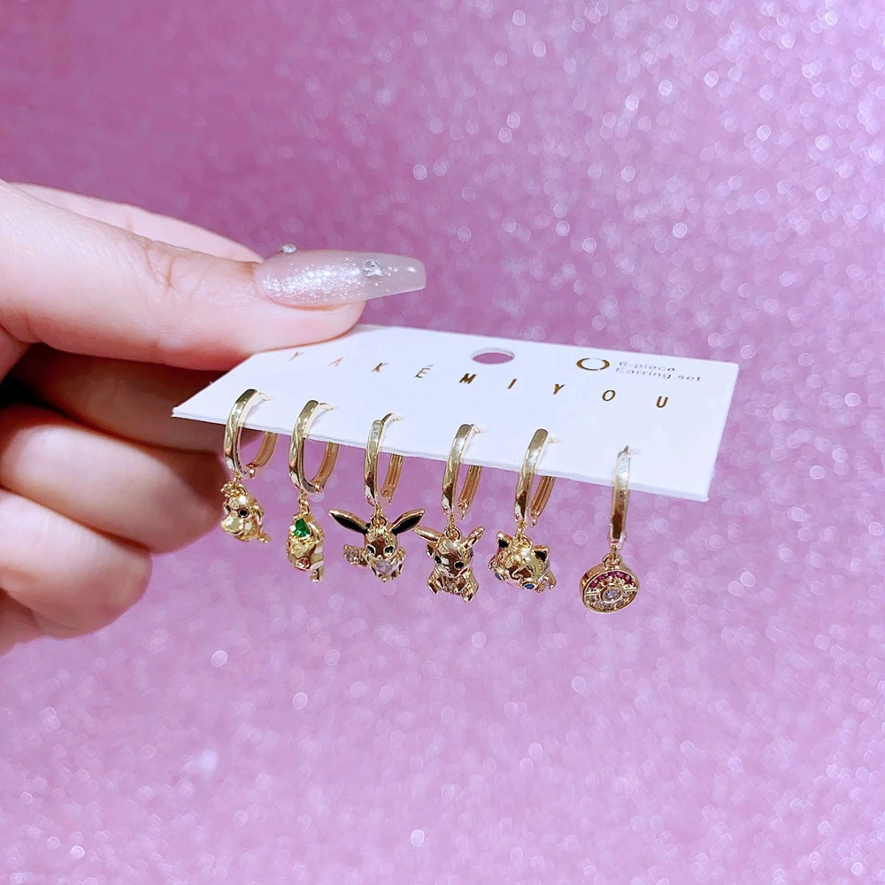 MIGGA 6pcs Mixed Cartoon Dangle Earrings Set Gold Color Cubic Zircon Crystal Huggie Earrings for Women 3