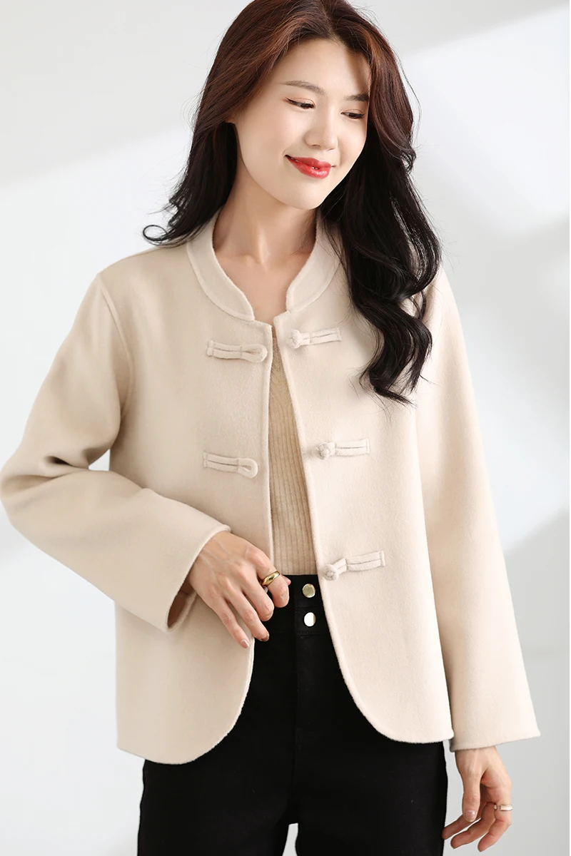 Autumn and Winter New 100% Pure Wool Double sided Cashmere Coat Women's Short Chinese Retro Tang Dynasty Wool Trend Coat 2023 winter new women s cotton clothing fashion trend korean version cotton coat waist 5 short large wool collar cotton jacket