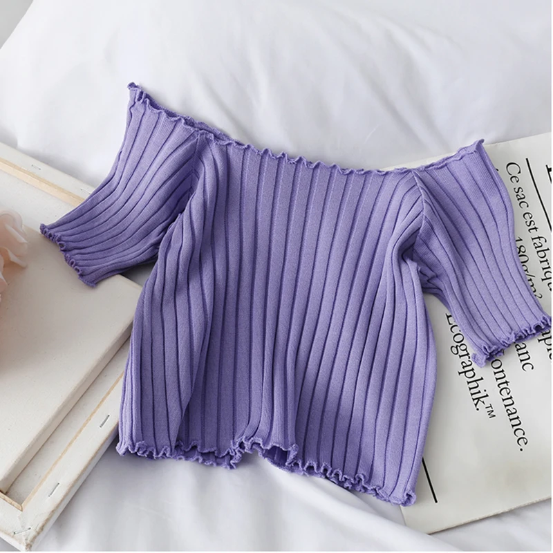 ITOOLIN Women Knitted Ruffles Hem Tops Cute Crop Tops Off Shoulder T-shirts Summer For Women Short Sleeve T-shirts 2023 Best Sellers In Women's Clothing