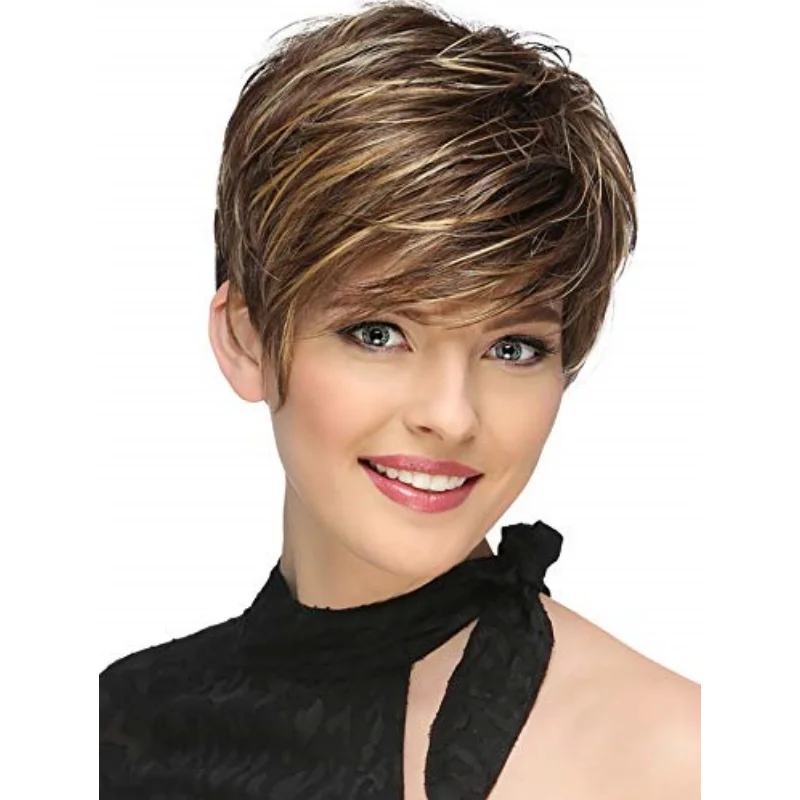 Short Bob Wig Short Mixed Brown Wig with Bangs Synthetic Wigs for Women Bob Hairstyle