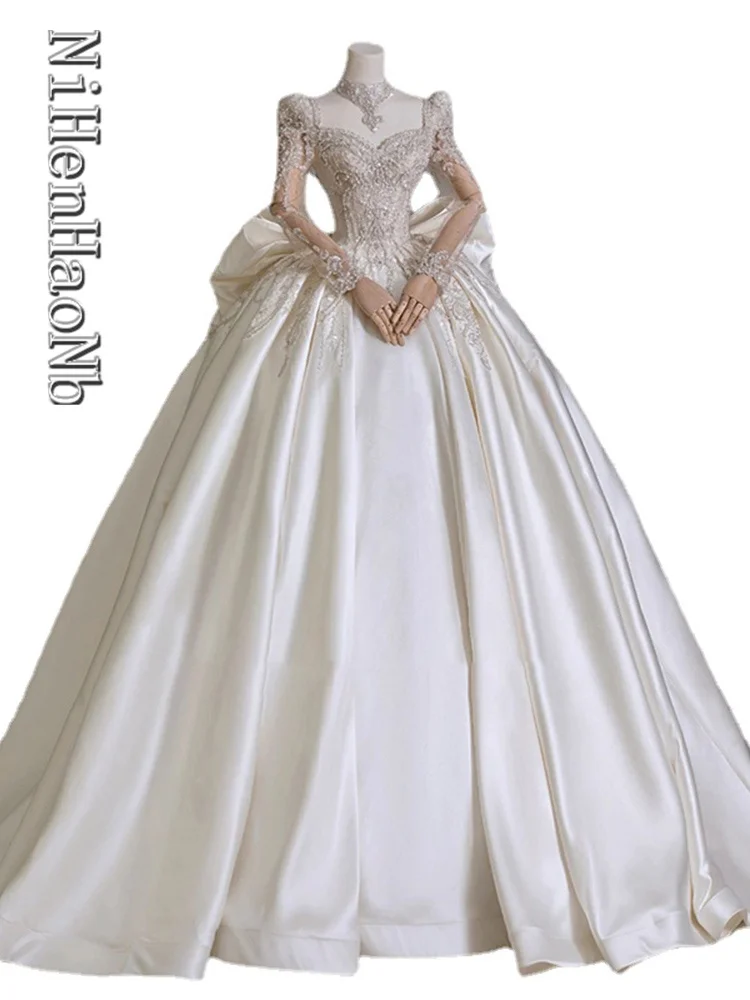 

Satin Luxury Wedding Dresses Applique Full Sleeve A Line Robe De Mariée Vestido Bridal Gowns