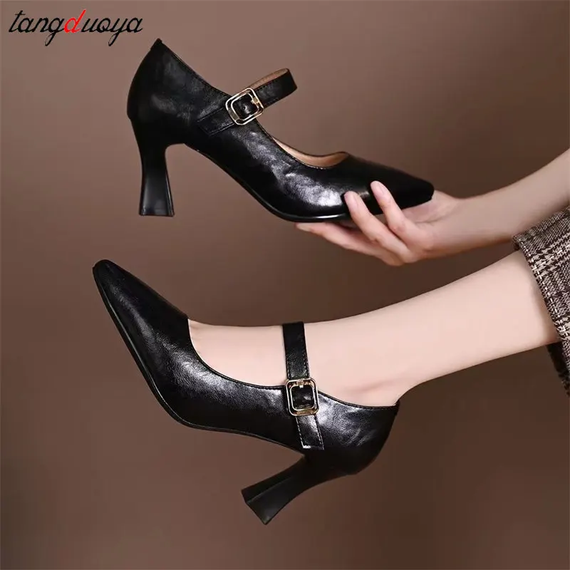 

Женские туфли-лодочки с металлической пряжкой, брендовые элегантные однотонные Туфли Мэри Джейн на высоком каблуке, заостренный носок, в стиле ретро