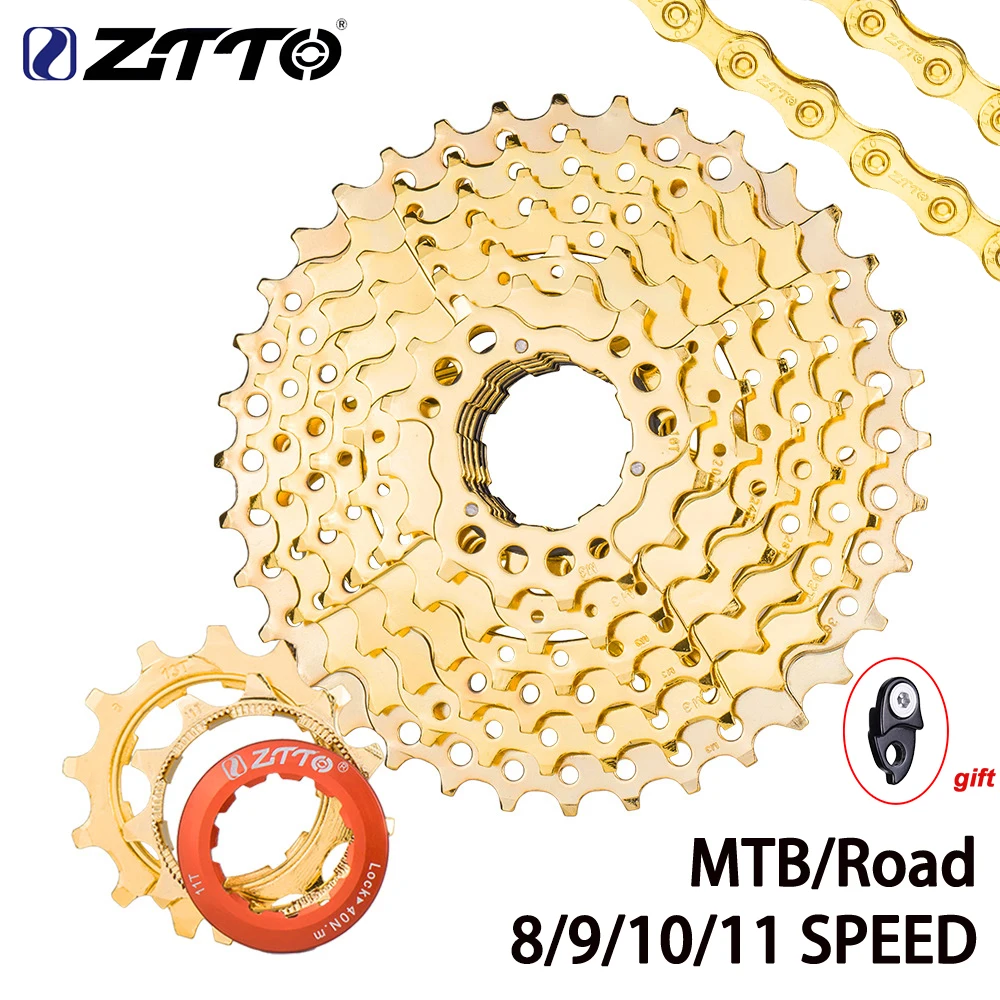 ZTTO MTB Road Bike Full Gold Cassette 8s 9s 10s 11s Gold Freewheel 8/9/10/11 Speed Sprocket 11-25/28/32/36/40/42/46T Chain