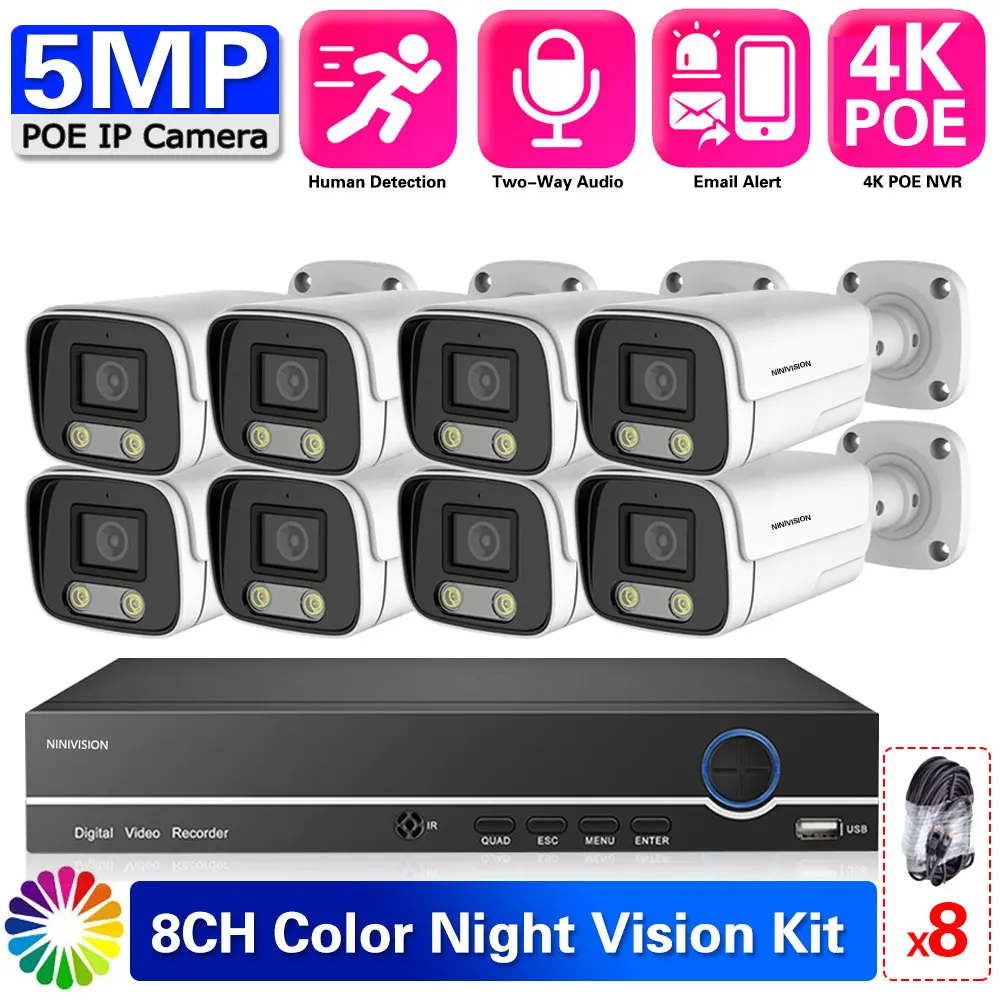 

4K POE NVR CCTV Security 5MP HD IP Camera Video Surveillance Kits 8CH 8MP NVR Colorful Night Vision AI Face Detection System