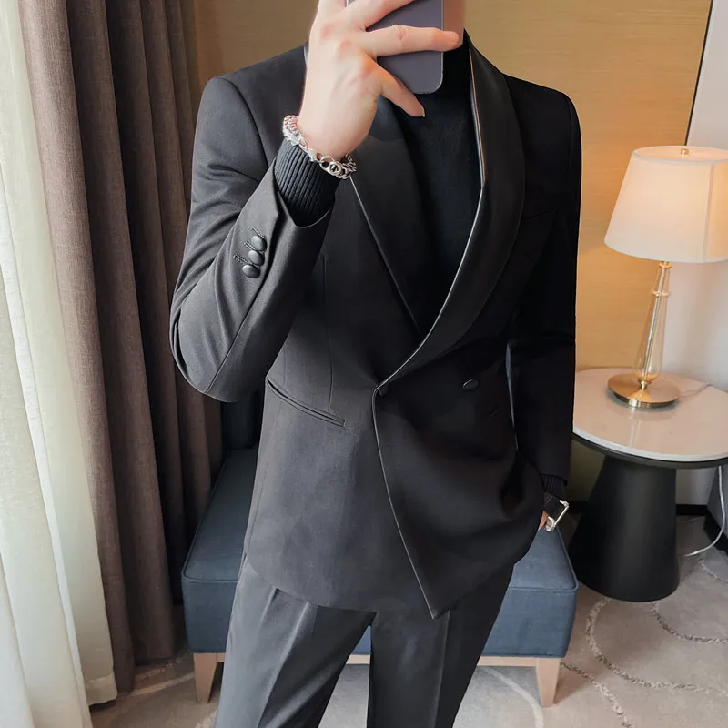 Spring New Double breasted Men's High Order Supply Host emcee suit Men's jacket Solid color patchwork leather suit S-4XL