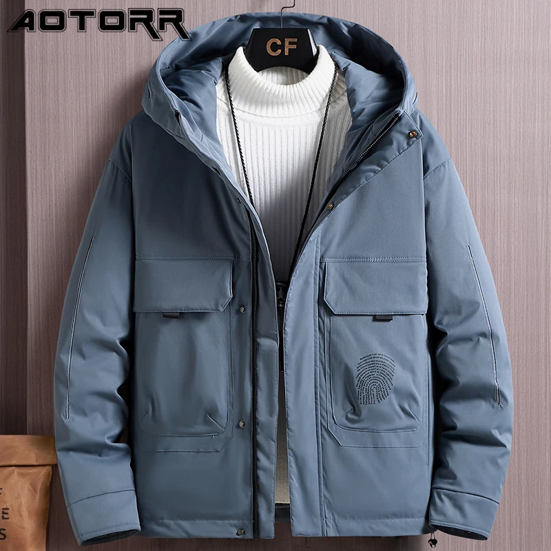 Mens Winter Down Jacket Thick Hooded White Duck Puffer Coat Warm Parkas ...