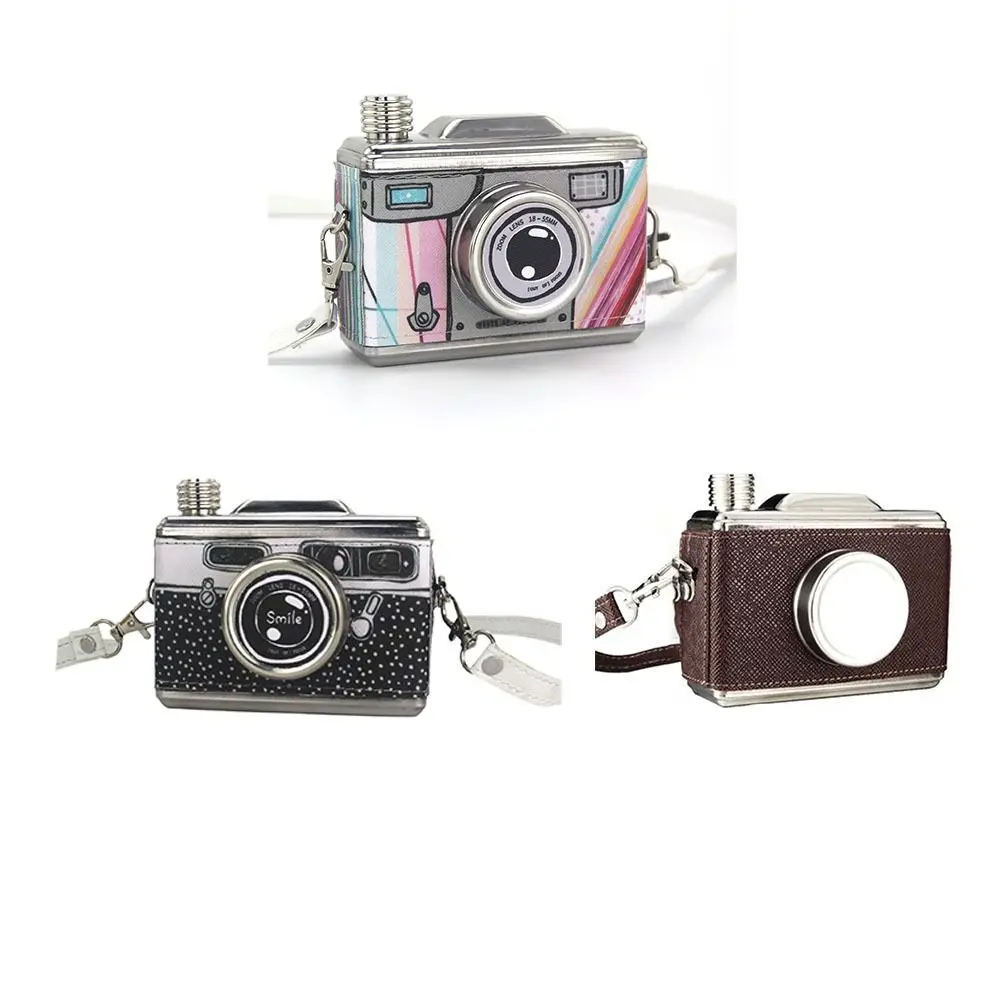 스테인리스 스틸 카메라 모양 힙 플라스크, 누수 방지 위스키 용기, 11온스(325ml), 탈부착 가능한 스트랩 위스키 플라스크