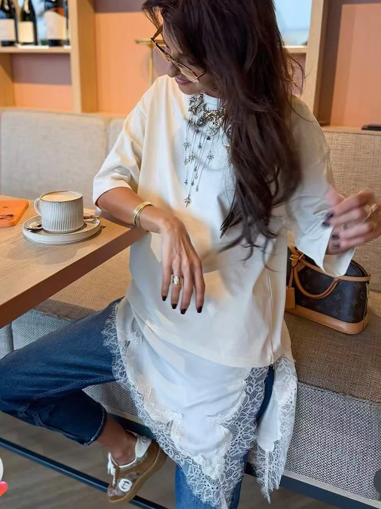  Women's Chic Lace Patchwork T-shirts Solid Color Asymmetrical Hem Casual Short Sleeve Tops 2026 New Loose Female Outfit