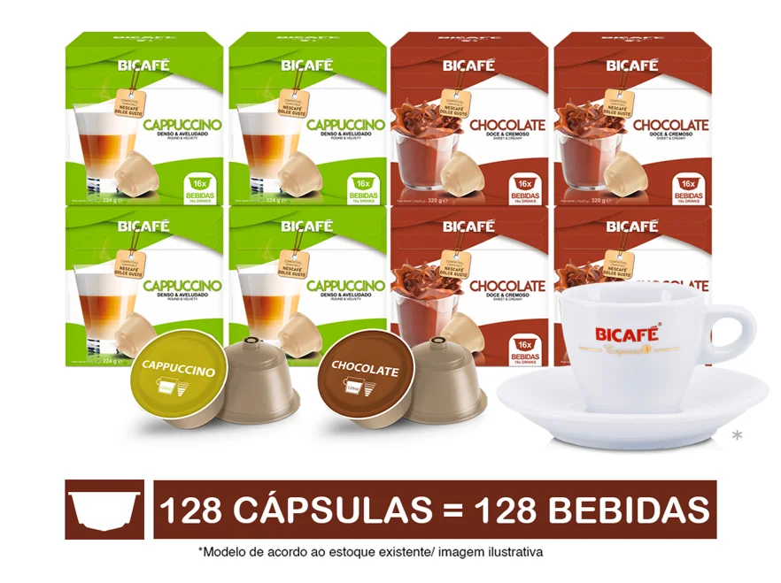 Kit 128 Cápsulas Lácteos Bicafé P/ Máquinas Dolce Gusto* + Xícara
