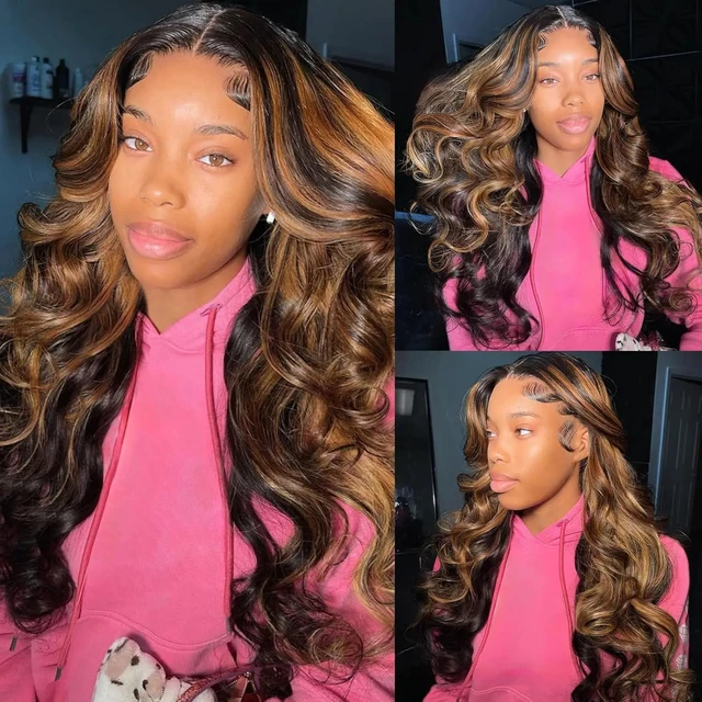 Perruque Highlight en Cheveux Humains Ondulés, Perruques Lace Front 13x6, Perruque Lace Front Ombrée 13x4 Vietnamienne pour Femmes, Perruques Noires 1B/30 230% 4