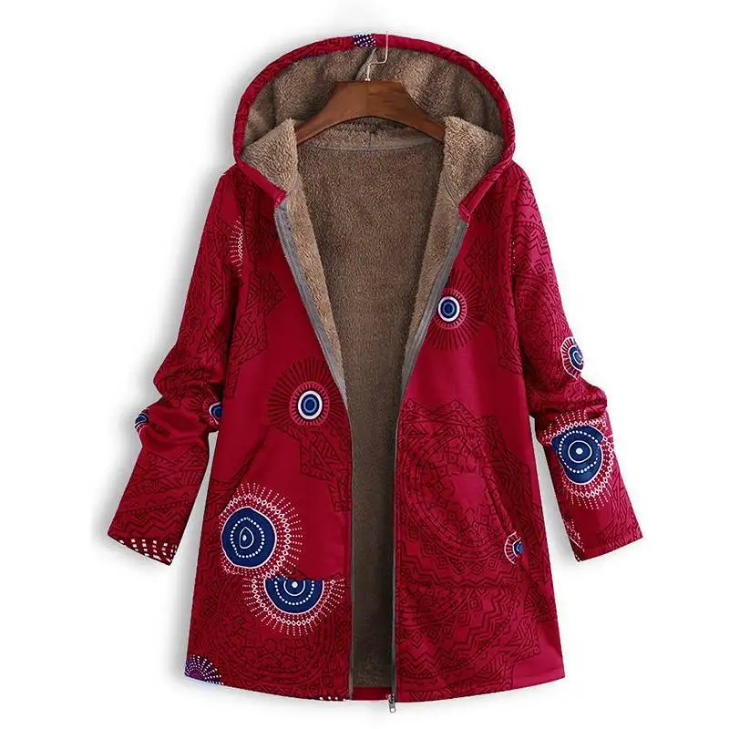 

Women's Winter Warm Coat Hooded Long Sleeve Printed Fluffy Zipper Coat Women's Casual Coat