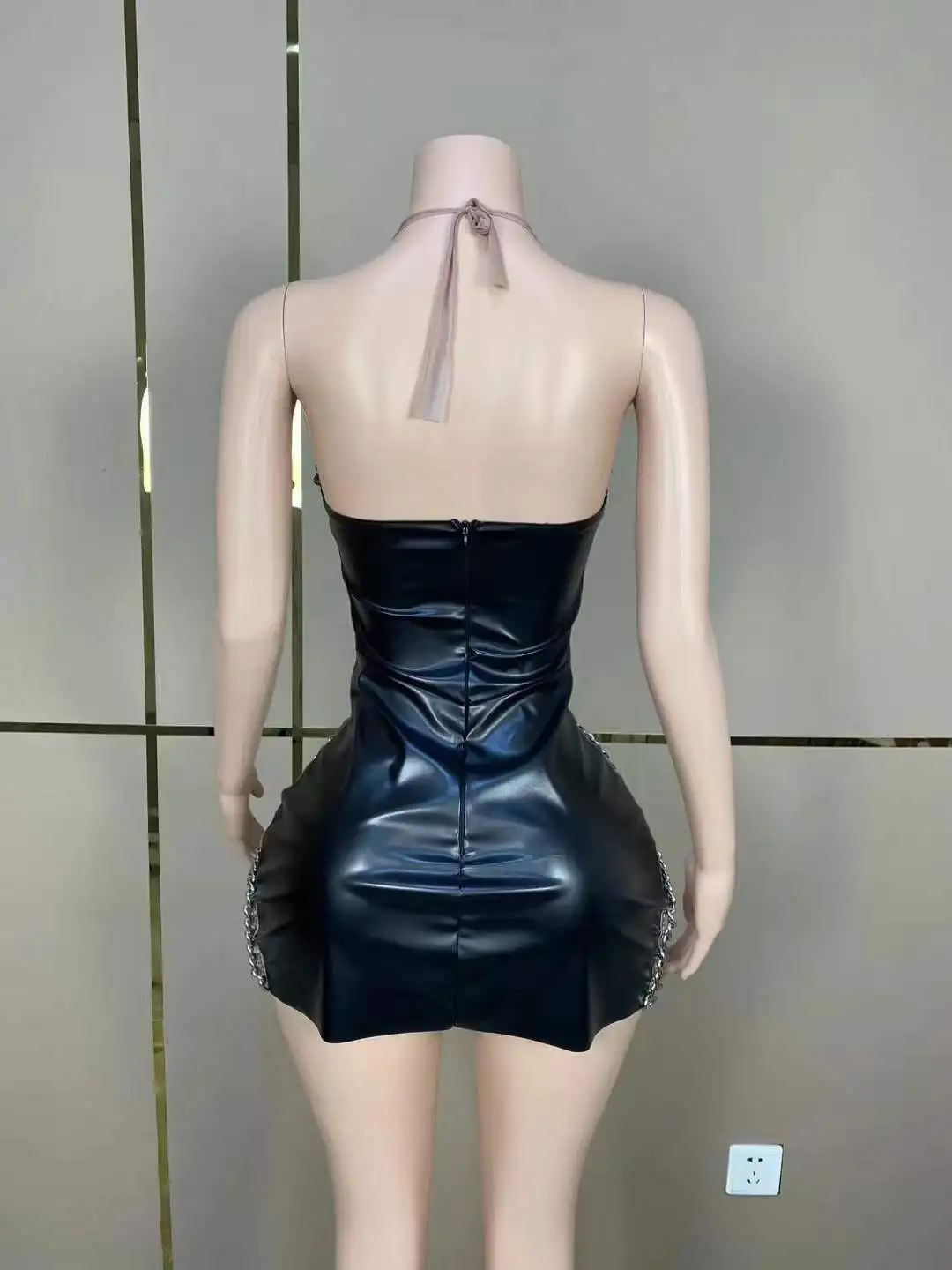 Mesh Sexy Chain Sheer Backless Dress For Women Las Vegas Showgirl Party Leather Performance Stage Wear Outfit Drag Queen Costume