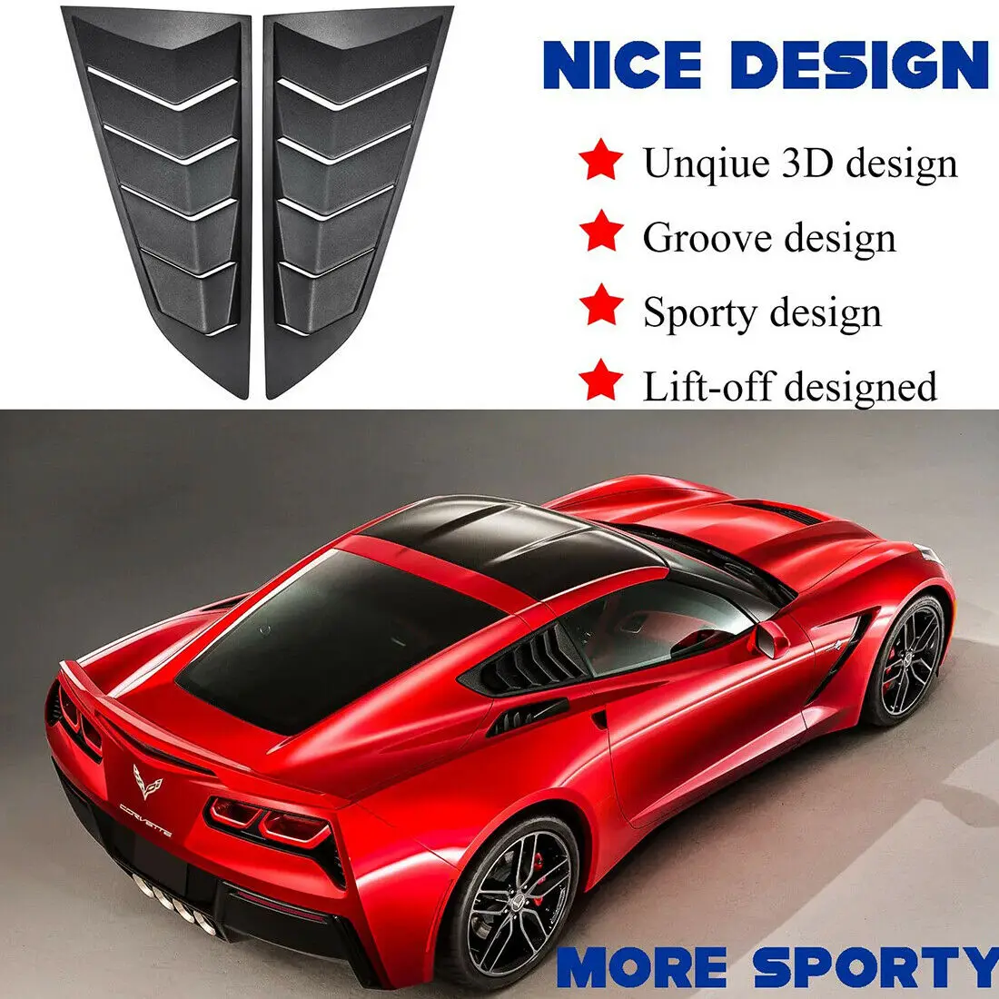 Grand Sport Z06 Matte Black Z51 Rear and Side Window Louvers Windshield Sunshade Cover for 2014-2019 C7 Corvette Stingray ZR1 in GT Lambo Style ABS 