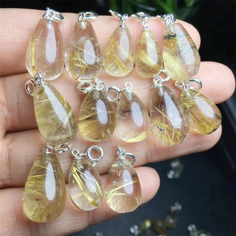 

S925 Natural Gold Rutilated Quartz Teardrop Pendant Necklace For Woman Man Gift Gold Clear Gemstone Crystal Beads Jewelry