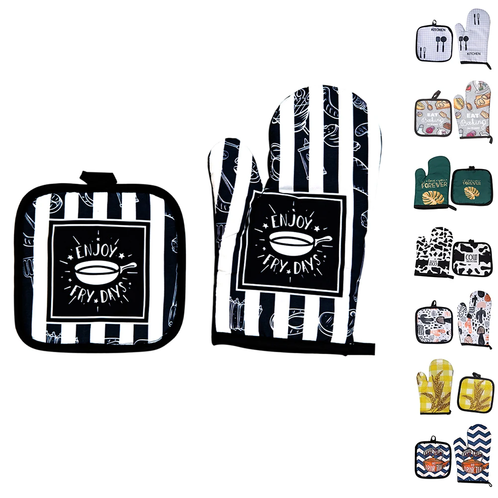2Pcs Oven Mitts Pot Holders Sets Heat Resistant Kitchen Mittens Cooking Gloves for Microwave BBQ Baking Grilling