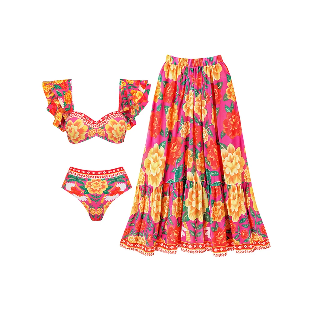 2023 Vintage Fashion Printed One Piece Swimsuits Ruffle Design Bikini Set and Skirt Women Luxury Bathing Suit Beachwear Swimwear