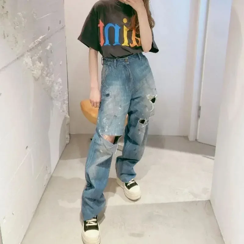 High Street New Saint Jeans Pants Men Woman 1:1 Casual Washed Hole Old Loose Blue Trousers Graffiti Vintage Best Quality 6