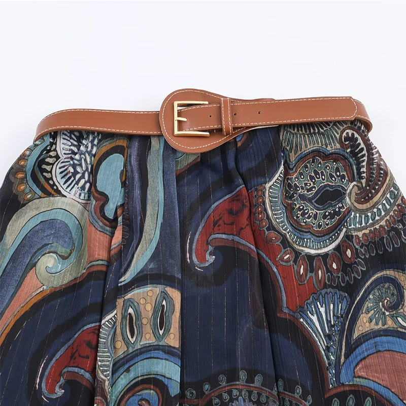 Chic Elegant Pleated Long Skirts For Women Fashion 2025 New With Belt Vintage Printed Midi Skirt Street Casual Holiday Skirts