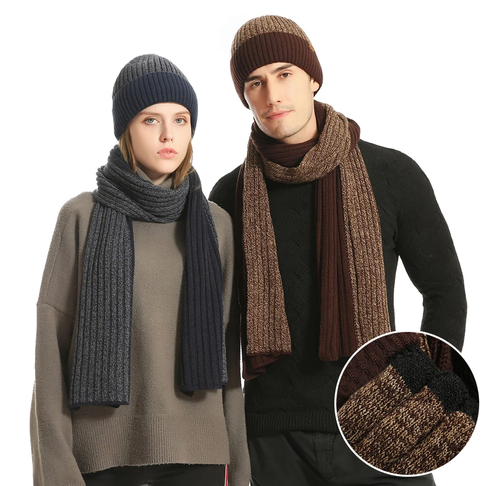3pcs Wool Winter Hat Scarf Glove Sets for Men Women Beanies Hats Set Long Scarf Touch Screen Gloves