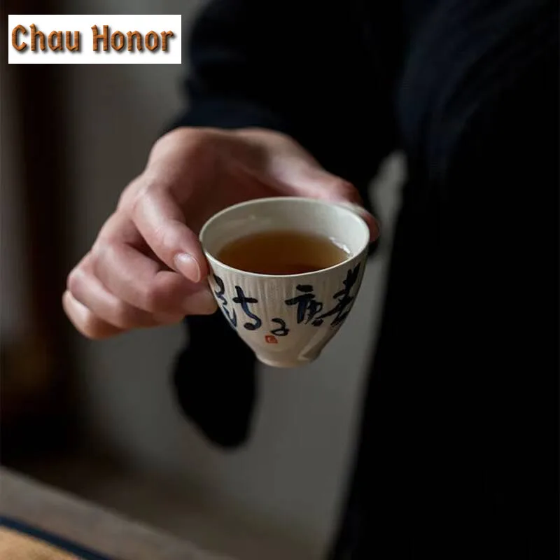 2pc/lot Plant Ash Glaze Antique Hand-painted Poetry Tea Cup Handmade Ceramic Tea Cup Single Cup Kung Fu Tea Set Personal Tea Cup