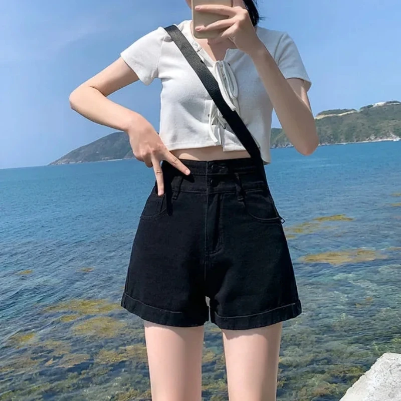 Black High-Waisted Denim Shorts Women's Summer New Loose Casual Thin Retro Wide Legs A-Line Short Hot Pants Versatile Ropa Mujer
