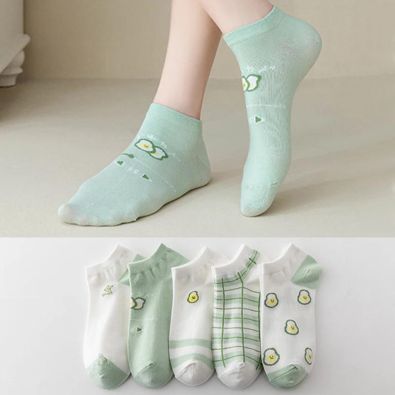 여성용 시원한 여름 양말 짧은 패션 만화 흰색 발목 양말 세트, 얇은 통기성 면 레이디 짧은 양말, 5 켤레/로트 