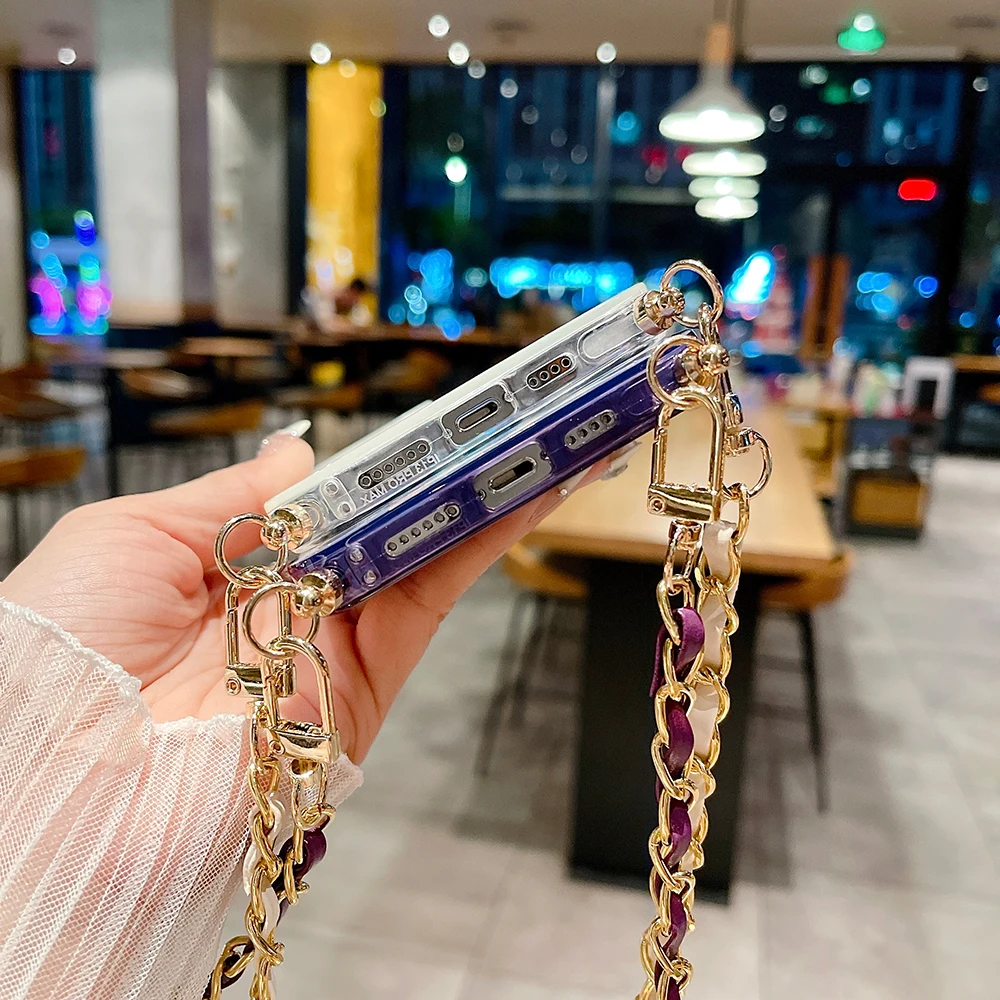 Metal Chain Crossbody Leather Lanyard Phone Case with Glitter Marble Design