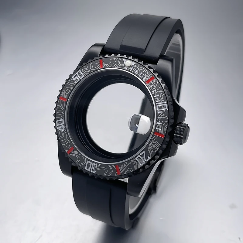 All-Black Sub Style Watch Case with Rubber Strap and Sapphire Crystal