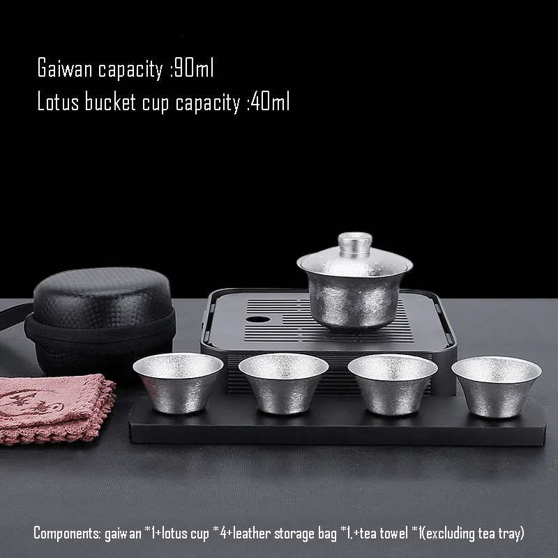 90ml Gaiwan Set,1Gaiwan+4Teacup +1Storage Bag,Double Layer Pure Titanium,Heat Proof,Corrosion Resistant,Portable Outdoor Tea Set