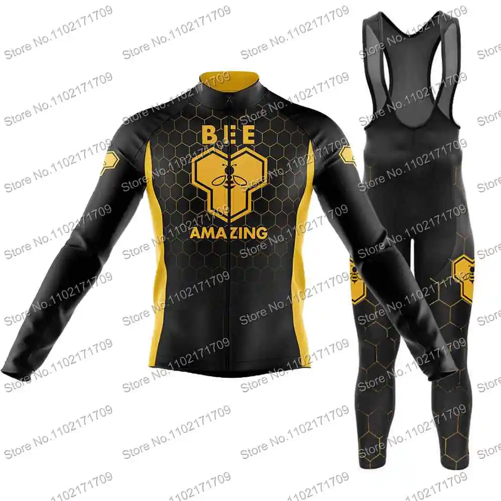 Retro Bee Amazing Mens Funny Cycling Jersey Set Long Sleeve Pro Team Bicycle Clothing Road Race Bike Shirt Suit MTB Bicycle Pant