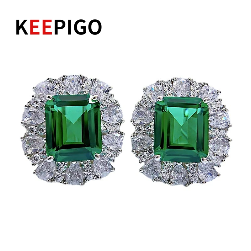 

KEEPIGO S925 Sterling Silver Lab Synthetic Gem 9*11mm Emerald Earrings Fine Banquet Jewelry Birthday Gift RA171