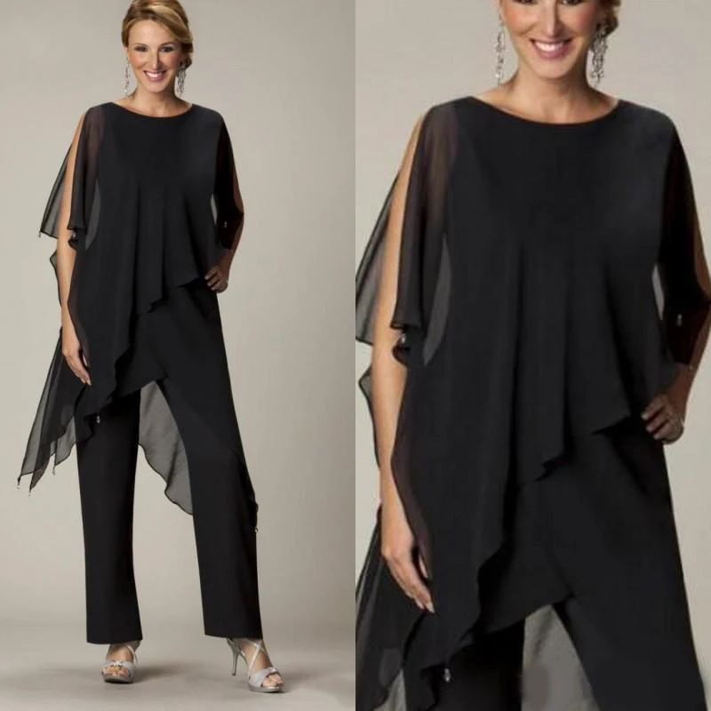 

Chiffon Mother of the Bride Dresses Black Elegant Wedding Pantsuits 2 Pieces O Neck Irregular Top Pencil Pants for Evening Gowns